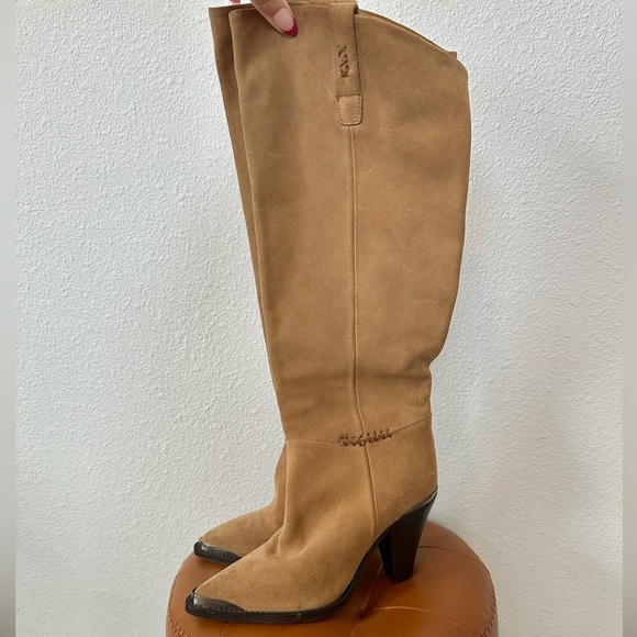 Free People Stevie Tan Heeled Knee Boots with Pointed Toe in Cognac Suede - Picture 4 of 12